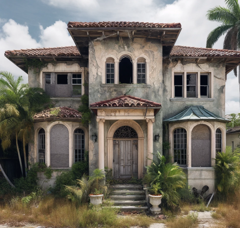 Here is an image of an abandoned Florida-style property with a tropical and neglected appearance. Let me know if you'd like further refinements!